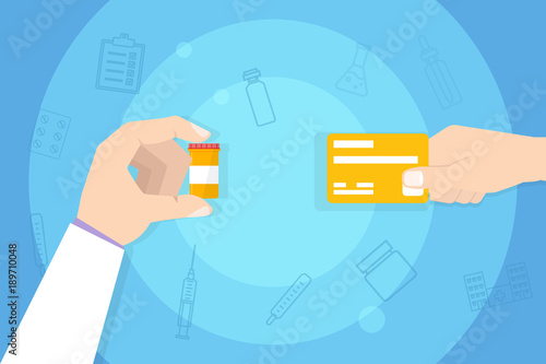 Medications Purchase, Buying medicine. Hand with credit card. Vector illustration