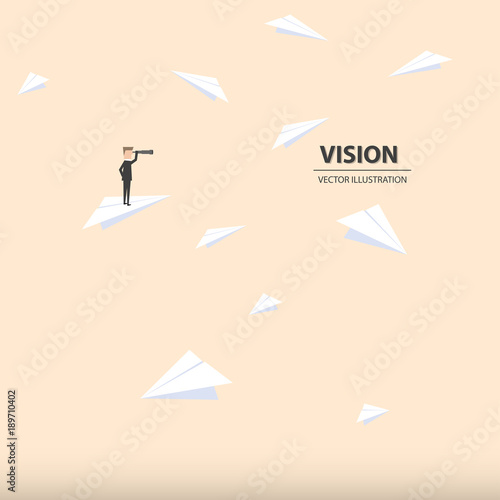 Businessman with monocular on a paper rocket. Business concept of leadership, vision, mission or ambitions. Vector illustration.