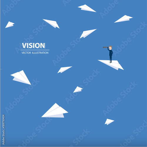 Businessman with monocular on a paper rocket. Business concept of leadership, vision, mission or ambitions. Vector illustration.