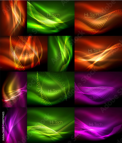 Set of elegant flowing neon waves, digital abstract backgrounds