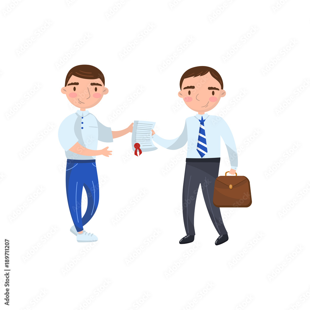 Insurance agent giving documet to his client, auto insurance concept cartoon vector Illustration Insurance agent giving documet to his client, auto insurance concept cartoon vector Illustration