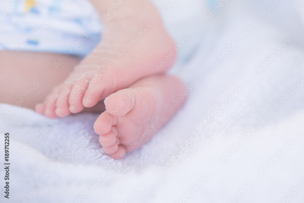 newborn baby feet on white blanket closeup selective focus in soft tone newborn baby feet on white blanket closeup selective focus in soft tone