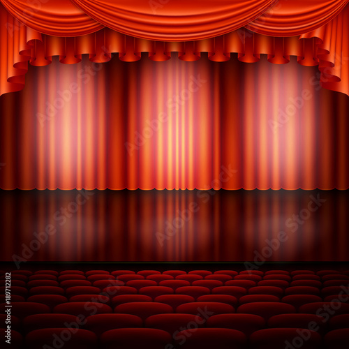 Spotlight on stage and red curtain. EPS 10 vector