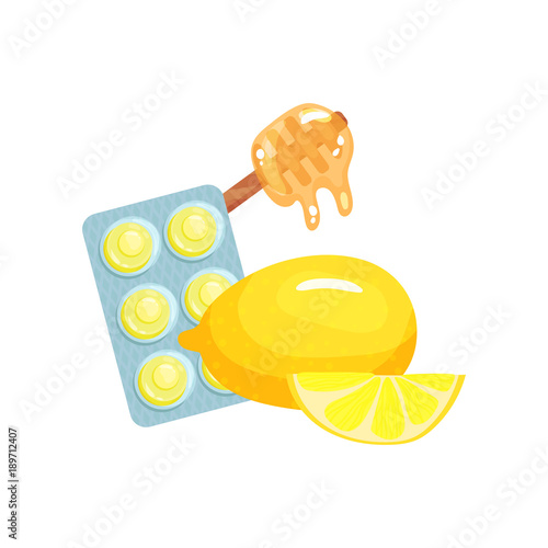 Package of lozenges with honey and lemon fruit flavor tastes, sucking candies for sore throat and cough remedy cartoon vector Illustration