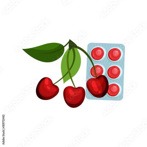 Package of lozenges with cherry flavor taste, sucking candies for sore throat and cough remedy cartoon vector Illustration
