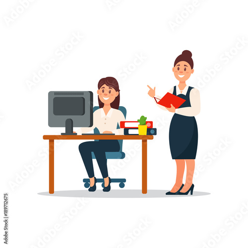 Businesswoman standing at her subordinate and making notes, business characters working in office cartoon vector Illustration