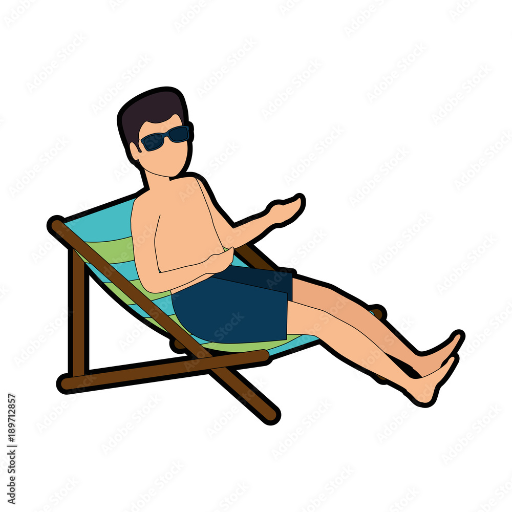 young man in swimsuit with beach chair character young man in swimsuit with beach chair character