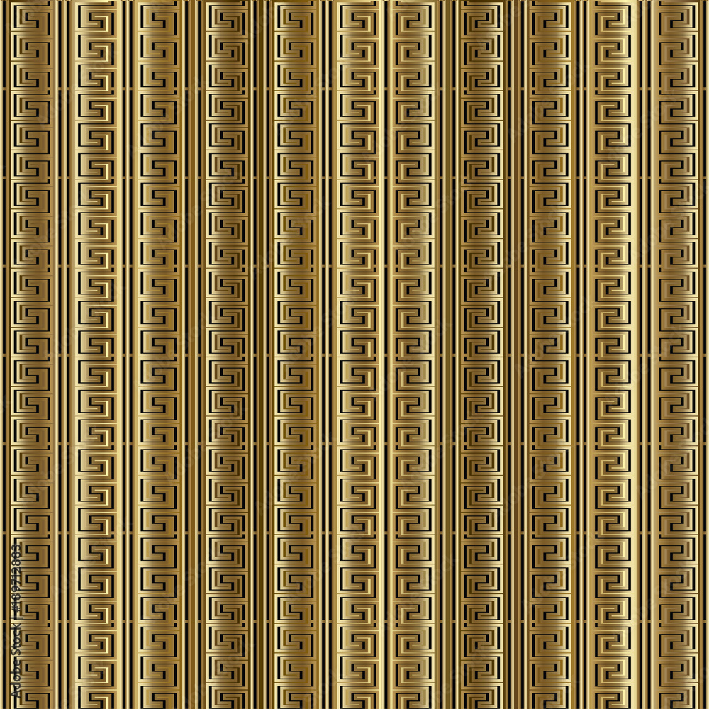 Striped gold 3d meander greek key seamless pattern. Vector golden
