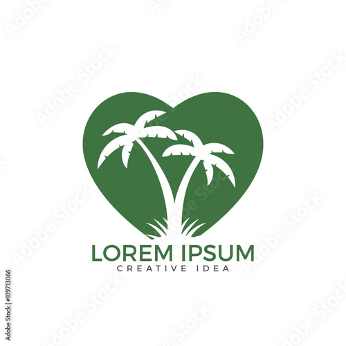 Heart shaped tropical beach and palm tree logo design.