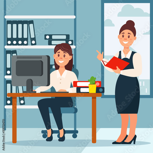 Businesswoman standing at her subordinate and making notes, office workplace with table and bookcase, vector Illustration