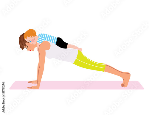 Mother with a baby on her shoulders standing in a plank position going to do press ups. Fitness with a child.