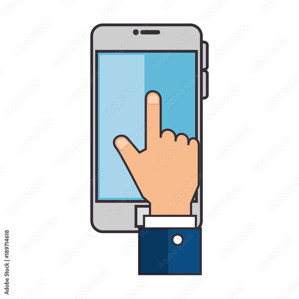 smartphone device with hand touching smartphone device with hand touching