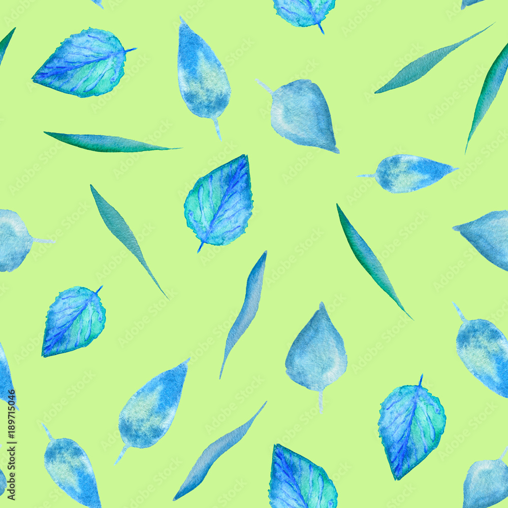 Seamless pattern with watercolor blue leaves on green background