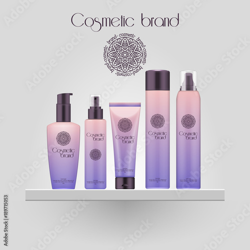 Set of realistic gradient color cosmetic bottle. 3D mockup bottle isolated on white background. Cosmetic products package.