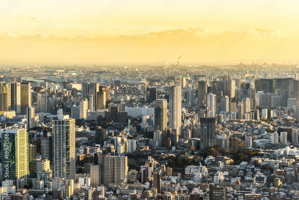 Asia Business concept for real estate and corporate construction - panoramic modern city skyline bird eye aerial view under golden sun in Roppongi Hill, Tokyo, Japan