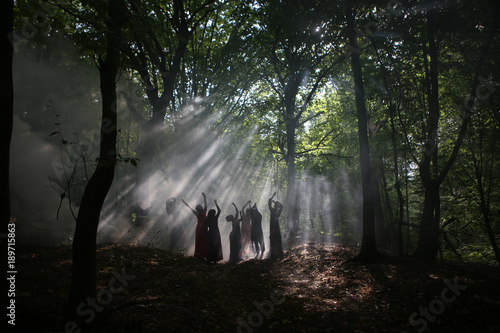 silhouette of a group of women in a dark forest with smoke photo