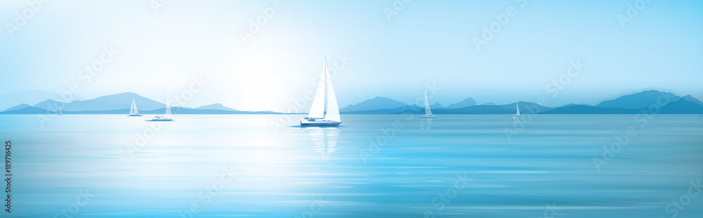 Vector blue sea, sky  background and yachts.