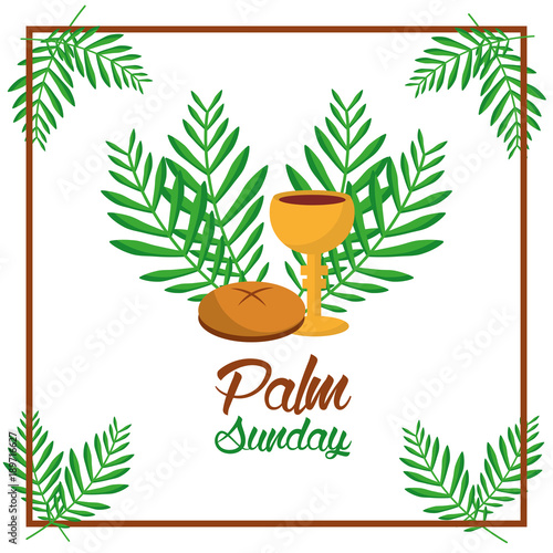 palm sunday bread cup and leaves tree frame decoration vector illustration