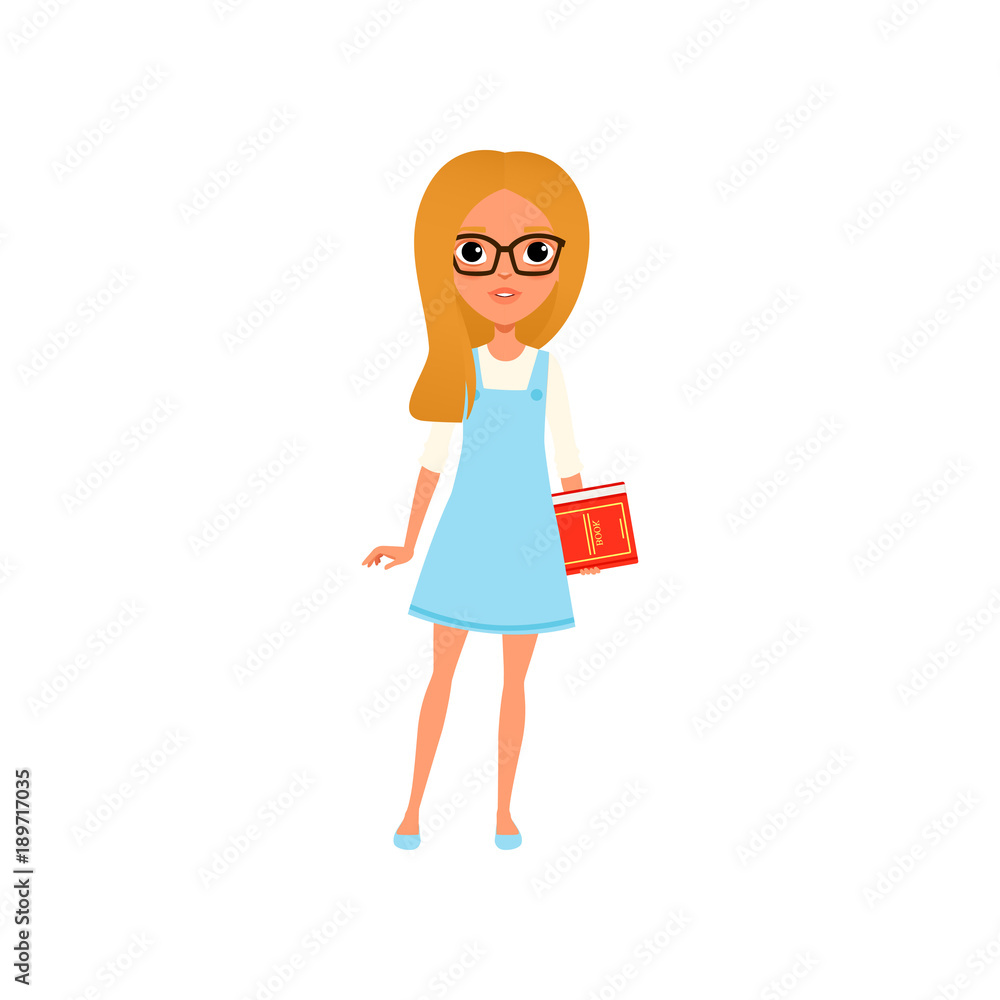 Cartoon smart girl in glasses with book in hand. Teen with blond hair wearing white blouse and blue dress. Child with smiling face expression. Flat vector design Cartoon smart girl in glasses with book in hand. Teen with blond hair wearing white blouse and blue dress. Child with smiling face expression. Flat vector design
