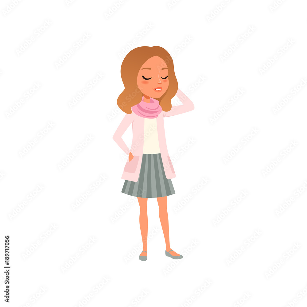 Pretty brunette girl posing in t-shirt, pink jacket, scarf and striped skirt. Stylish female clothes. Cartoon teenager character Colored flat vector design Pretty brunette girl posing in t-shirt, pink jacket, scarf and striped skirt. Stylish female clothes. Cartoon teenager character Colored flat vector design