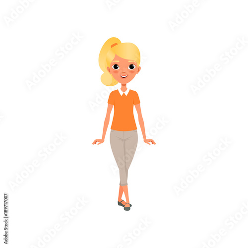 Cartoon blond girl with ponytail in orange t-shirt and beige breeches. Female character posing with cheerful face expression. Stylish casual clothes. Flat vector design