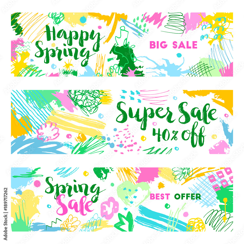 Set of spring sale banners. Hand drawn phrases. Artistic colorful background. Trendy abstract design.