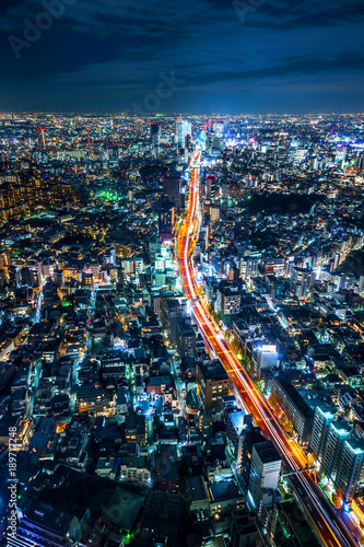 Asia Business concept for real estate & corporate construction - panoramic modern city skyline view of Shibuya & Tokyo Metropolitan Expressway with neon night in Roppongi Hill, Tokyo, Japan