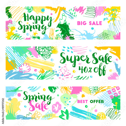 Set of spring sale banners. Hand drawn phrases. Artistic colorful background. Trendy abstract design. © olenago
