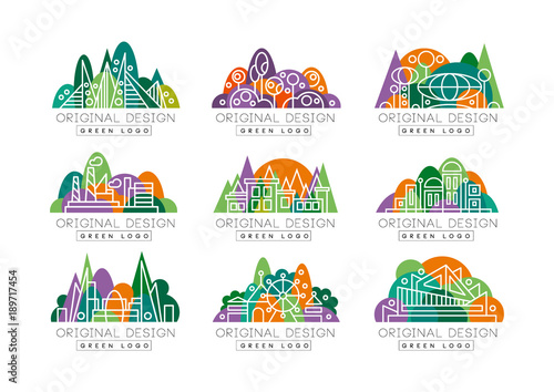 Green logos set. Abstract icons with amusement park, factory, city view, theater, and buildings against forest background. Environment concept. Linear vector design