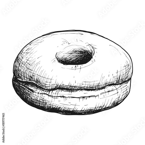 Sketch ink graphic donut illustration, draft silhouette drawing, monochrome on white background. Delicious vintage etching food design.