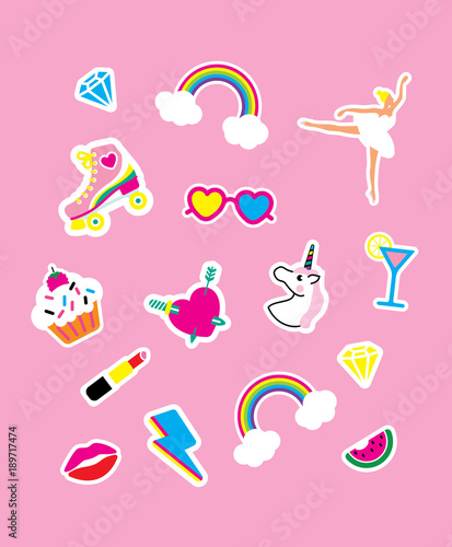 Fashion items girls set of unicorn head, heart, diamonds, lips icons.