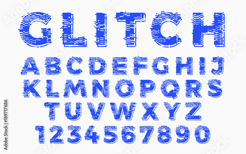 Abstract distorted glitch font. Trendy style lettering typeface. Old television screen distortion and digital pixel effect. Latin alphabet from A to Z and numbers from 0 to 9. Vector illustration.