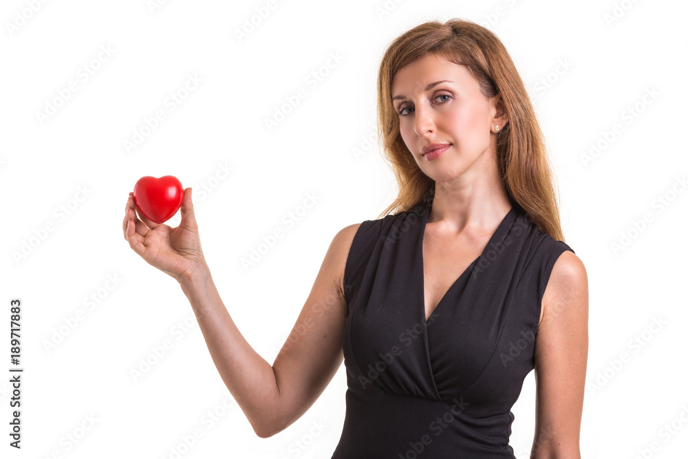 Love heart, protect and healthcare concept : Caucasian woman holding red heart on her chest and heart position isolated on white Love heart, protect and healthcare concept : Caucasian woman holding red heart on her chest and heart position isolated on white