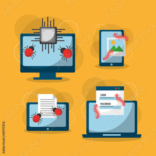 set of spectre and meltdown cyber crime virus digital protection attack icons vector illustration