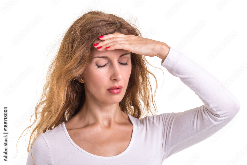 Headache, Pain or healthy concept : Caucasian woman using her hand and pressing or touching on her head in headache situation isolated on white Headache, Pain or healthy concept : Caucasian woman using her hand and pressing or touching on her head in headache situation isolated on white
