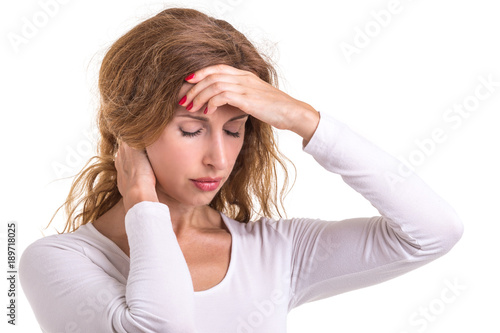 Headache, Pain or healthy concept : Caucasian woman using her hand and pressing or touching on her head in headache situation isolated on white