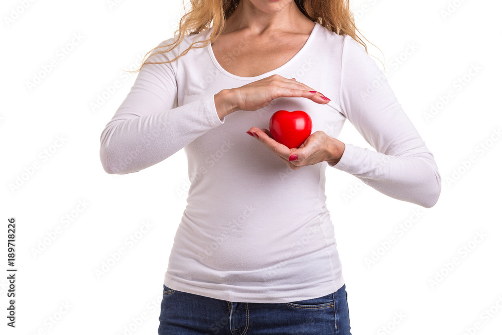 Love heart, protect and healthcare concept : Caucasian woman holding red heart on her chest and heart position isolated on white Love heart, protect and healthcare concept : Caucasian woman holding red heart on her chest and heart position isolated on white