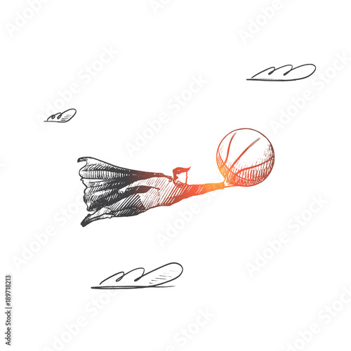 Basketball concept. Hand drawn superhero with ball for basketball play in his hand. Flying hero with sportive ball haircut isolated vector illustration.
