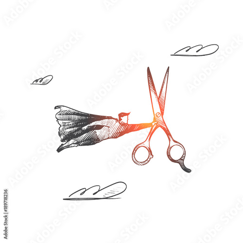 Barber shop concept. Hand drawn superhero with giant scissors in his hand. Flying hero with instrument for make haircut isolated vector illustration.