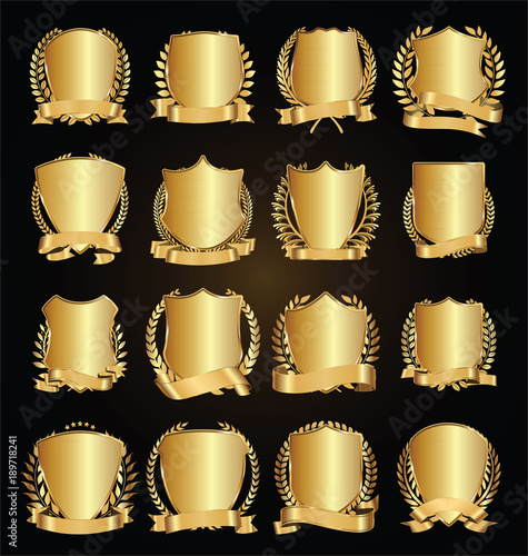 Golden shields laurel wreath with golden ribbon vector collection