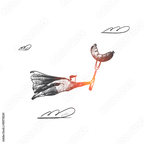 Barbecue party concept. Hand drawn superhero with sausage on fork. Flying hero brings barbequed food for party isolated vector illustration.