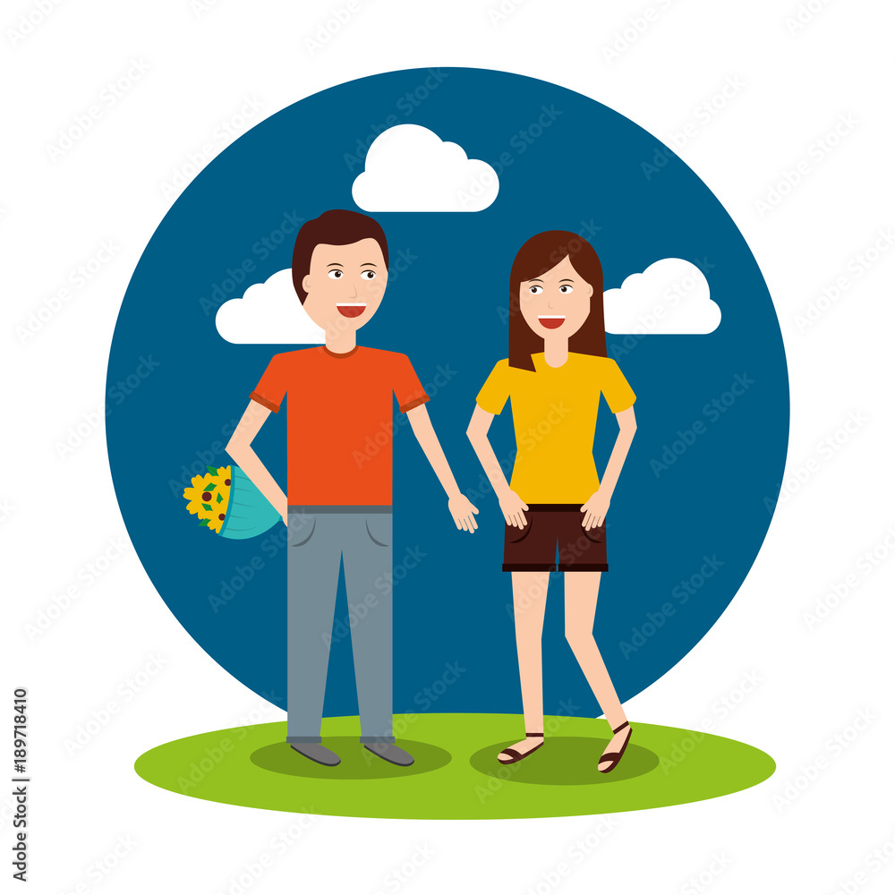 Fototapeta premium man character give bouquet flowers to woman vector illustration