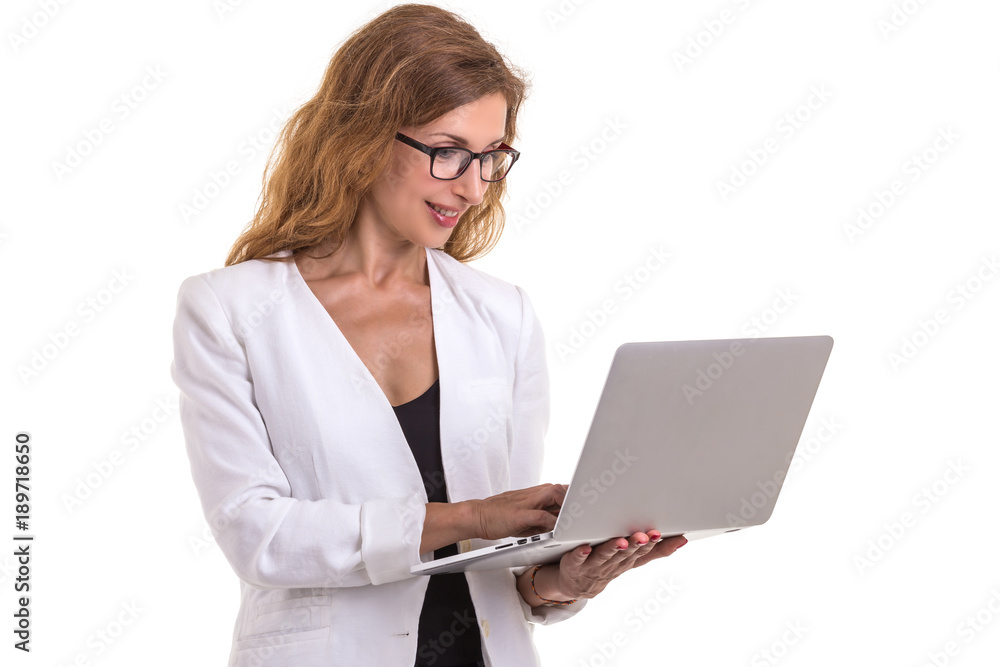 Beautiful caucasian businesswoman wear glasses and using modern laptop. Studio shot isolated on white. Working concept