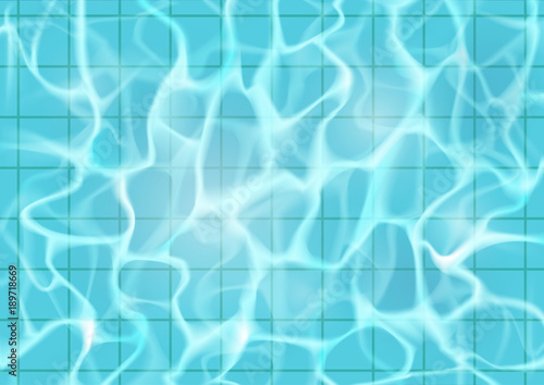 Water surface with waves and sun glare. Bottom of the pool, the ceramic floors. Realistic vector background illustration.