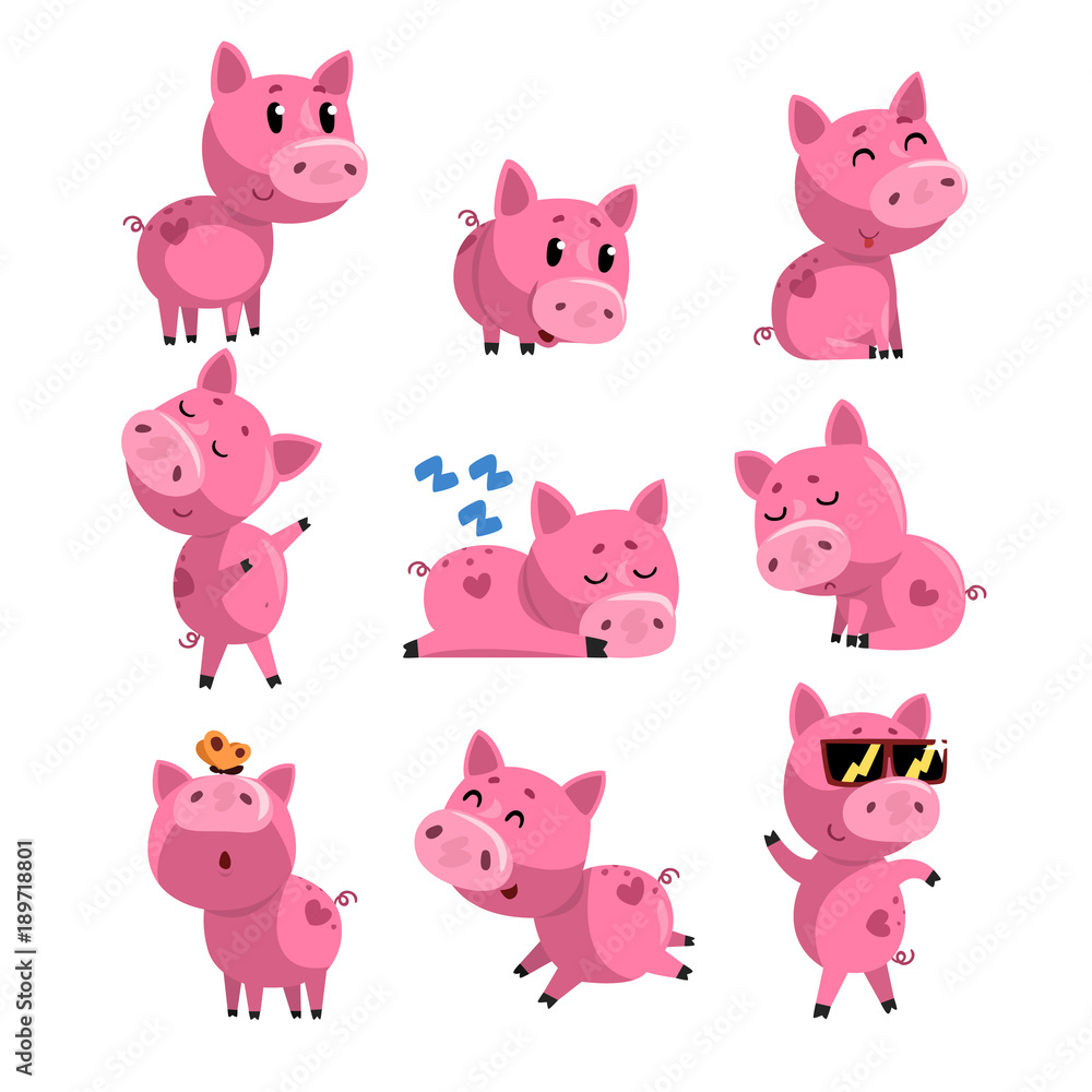 Set of cute little pig in different actions. Sleeping, dancing, walking, sitting, jumping. Cartoon character of pink domestic animal. Isolated flat vector design Set of cute little pig in different actions. Sleeping, dancing, walking, sitting, jumping. Cartoon character of pink domestic animal. Isolated flat vector design