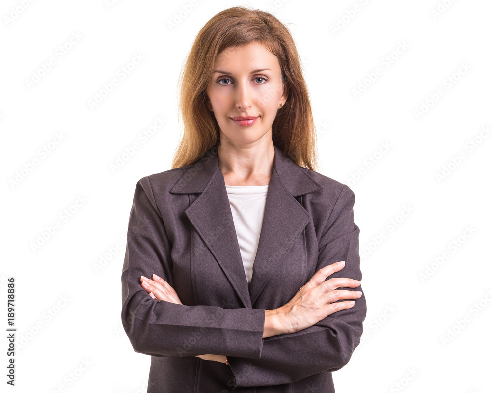 Beautiful young caucasian businesswoman in grey suit with hand gesture isolated on white Beautiful young caucasian businesswoman in grey suit with hand gesture isolated on white