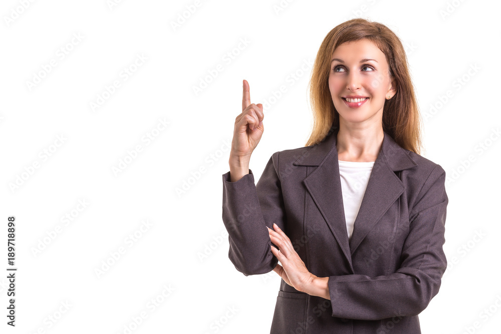 Beautiful young caucasian businesswoman in grey suit with hand gesture isolated on white Beautiful young caucasian businesswoman in grey suit with hand gesture isolated on white