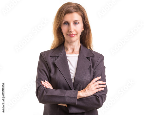 Beautiful young caucasian businesswoman in grey suit with hand gesture isolated on white