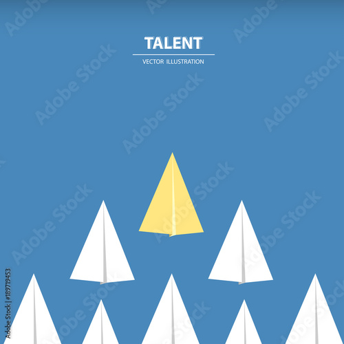 A different paper rocket flying out from others. Business concept of talent, leadership, teamwork, creativity and recruitment. Vector illustration.