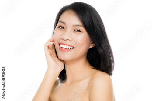 Beautiful woman face close up portrait studio on white background